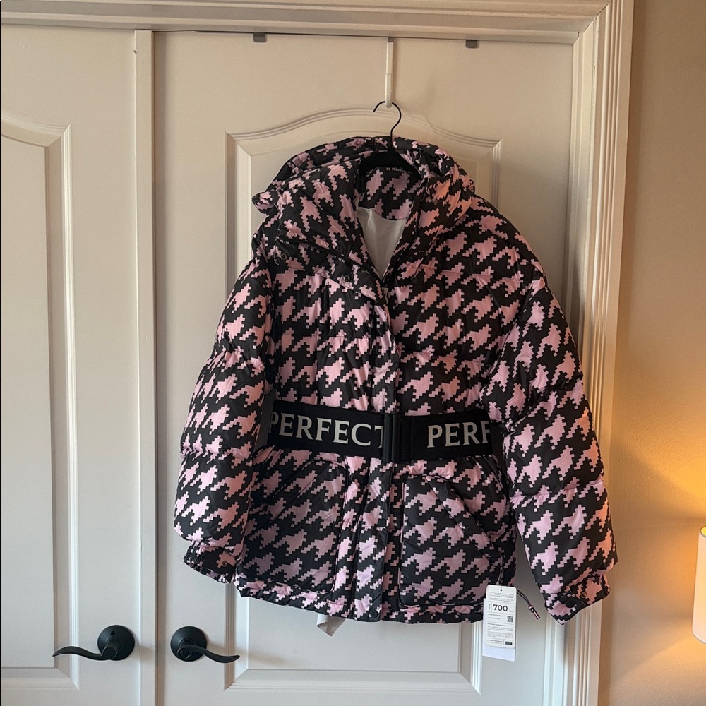 NWT Perfect Moment Pink and Black Houndstooth Belted Puffer Jacket
